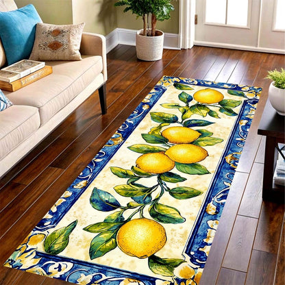 Lemon Branch Kitchen Runner Rug: Mediterranean Citrus Floor Carpet, Non-Slip Machine-Washable