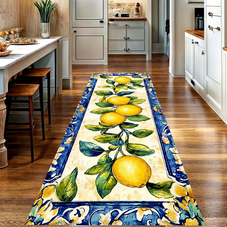 Lemon Branch Kitchen Runner Rug: Mediterranean Citrus Floor Carpet, Non-Slip Machine-Washable