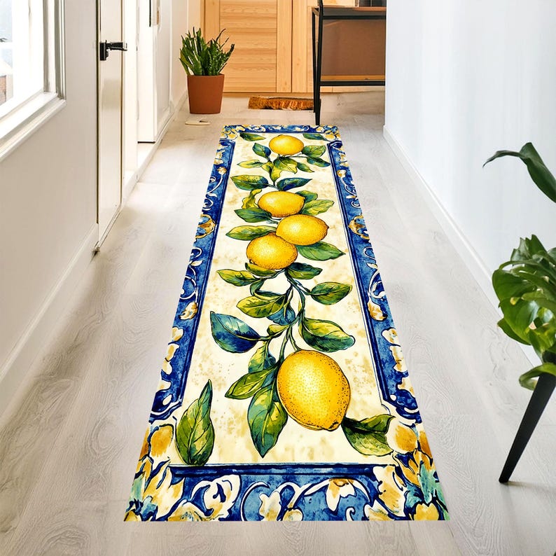 Lemon Branch Kitchen Runner Rug: Mediterranean Citrus Floor Carpet, Non-Slip Machine-Washable