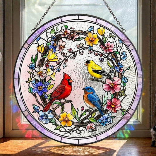 Spring Birds Floral Glass Suncatcher, Colorful Wildflower Window Hanging, Cardinal Bluebird Goldfinch Decor, Handmade Sun Catcher Gift