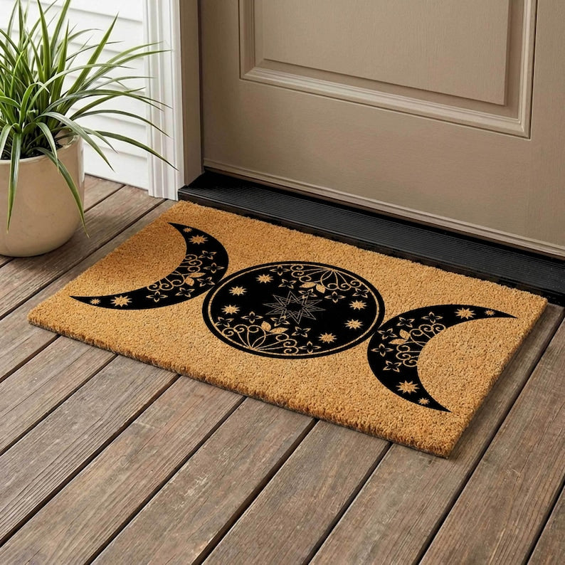 Triple Moon Doormat, Celestial Boho Wiccan Decor, Natural Coir Welcome Mat