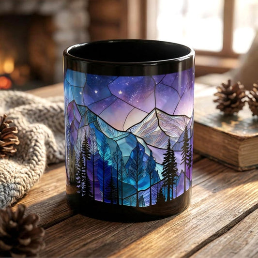 Stained Glass Mountain Night Sky Mug, Nature Lover Gift, Galaxy Forest Mug, Celestial Mountain Mug, Hiking Gift For Her