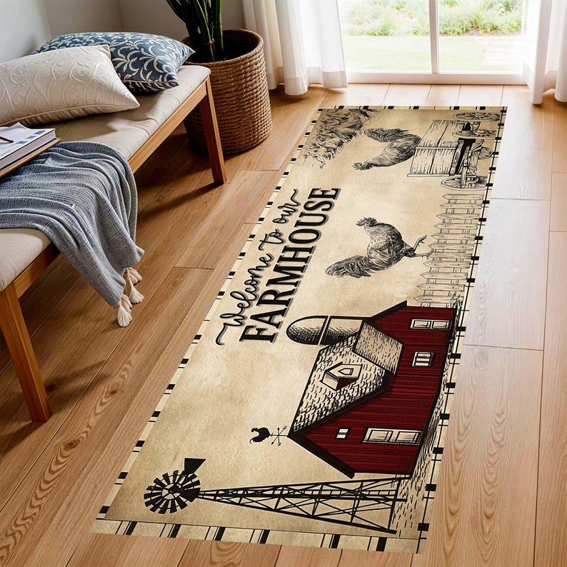 Welcome Farmhouse Kitchen Runner Rug: Rustic Rooster Barn Carpet, Machine-Washable Non-Slip