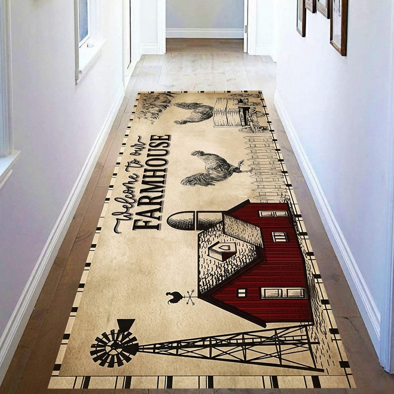 Welcome Farmhouse Kitchen Runner Rug: Rustic Rooster Barn Carpet, Machine-Washable Non-Slip