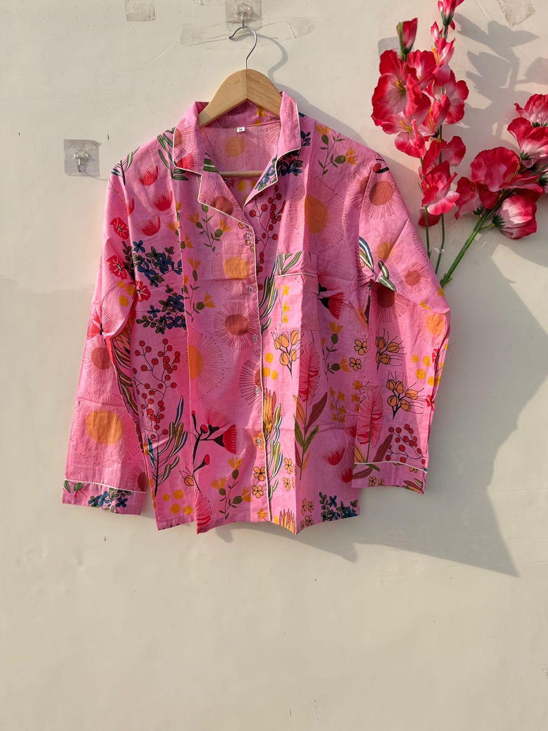 Pink Floral Cotton Pajama Set Women, Soft Breathable Sleepwear, Button Down Night Suit, Summer PJs Set, Cute Lounge Wear Gift for Her