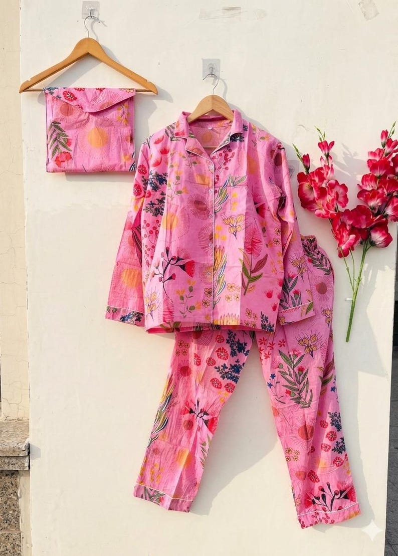 Pink Floral Cotton Pajama Set Women, Soft Breathable Sleepwear, Button Down Night Suit, Summer PJs Set, Cute Lounge Wear Gift for Her
