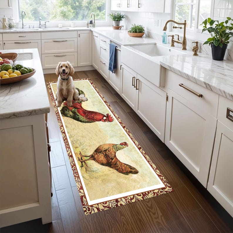 Vintage Rooster Runner Rug: Farmhouse Chicken Kitchen Carpet, Non-Slip Machine-Washable