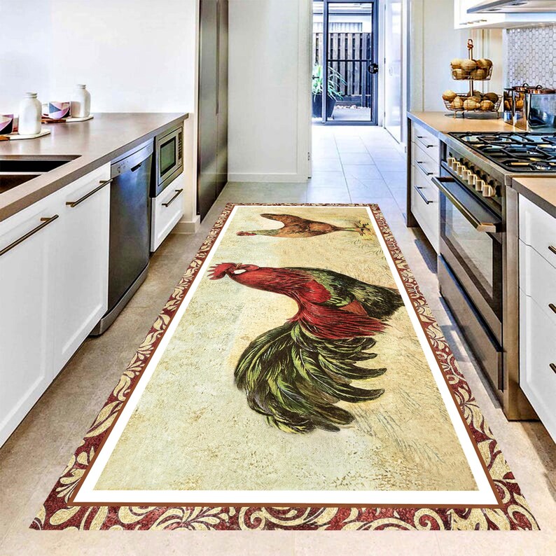 Vintage Rooster Runner Rug: Farmhouse Chicken Kitchen Carpet, Non-Slip Machine-Washable