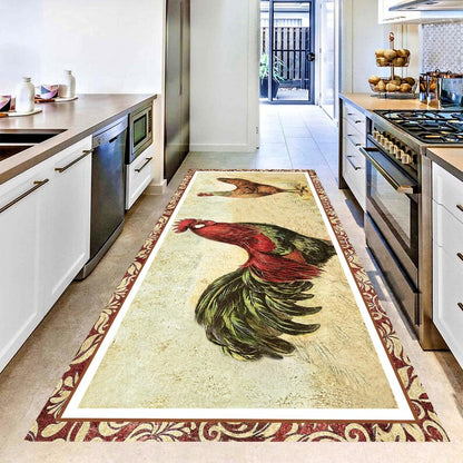 Vintage Rooster Runner Rug: Farmhouse Chicken Kitchen Carpet, Non-Slip Machine-Washable