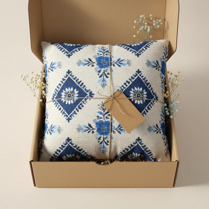 Blue Tile Pattern Pillow Cover, Mediterranean Floral Design, Blue and White Geometric Botanical Coastal Farmhouse Home Decor Pillowcase Gift