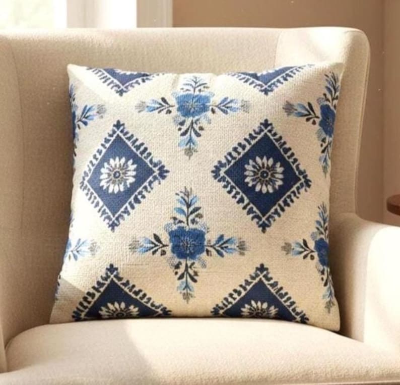 Blue Tile Pattern Pillow Cover, Mediterranean Floral Design, Blue and White Geometric Botanical Coastal Farmhouse Home Decor Pillowcase Gift