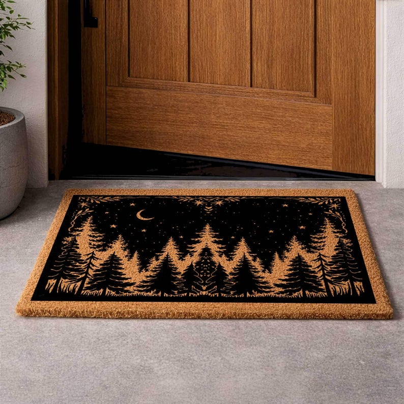 Rustic Coir Doormat, Woodland Pine Tree Night Sky Design