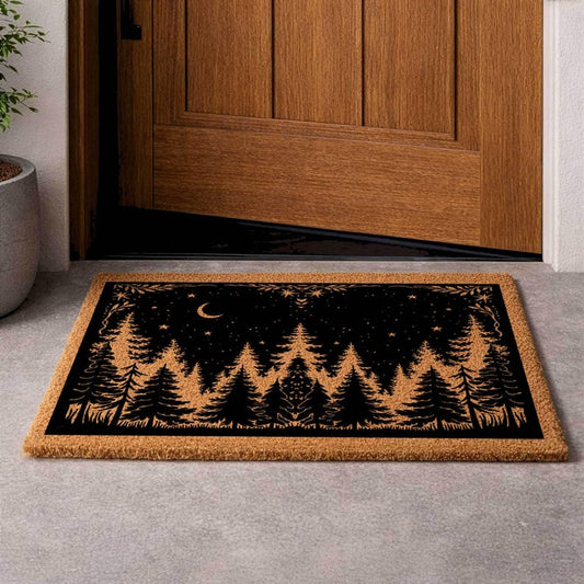 Rustic Coir Doormat, Woodland Pine Tree Night Sky Design