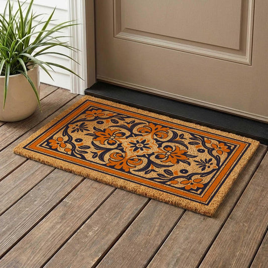 Mediterranean Coir Doormat, Traditional Floral Welcome Mat