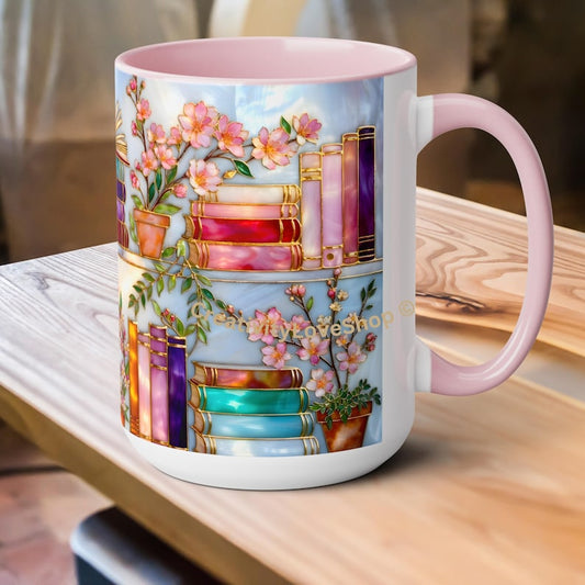 Floral Bookshelf Mug for Book Lovers, Bookish Library Coffee Cup, Black Ceramic 15oz, Stained Glass Style Design