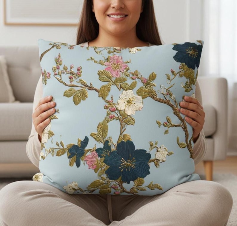 Blue Floral Branch Pillow Cover, Elegant Floral Pillowcase, Decorative Chinoiserie Cushion Case, Classic Statement Home Decor Accent Gift