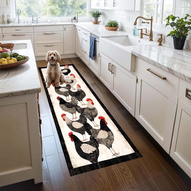 Barnyard Rooster Kitchen Runner Rug: Black White Farmhouse ChickenCarpet, Non-Slip Machine-Washable