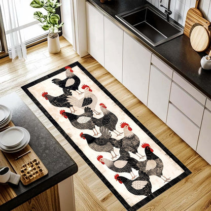 Barnyard Rooster Kitchen Runner Rug: Black White Farmhouse ChickenCarpet, Non-Slip Machine-Washable