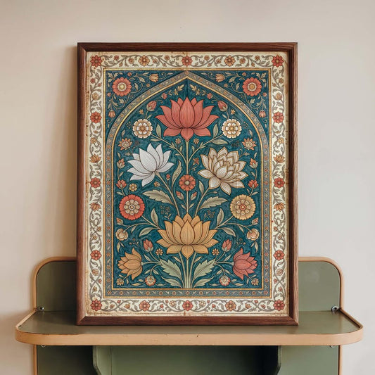 Teal Lotus Wall Art, Vintage Indian Floral Print, Boho Botanical Decor