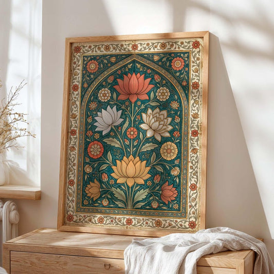 Teal Lotus Wall Art, Vintage Indian Floral Print, Boho Botanical Decor