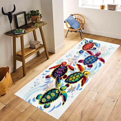 Sea Turtle Runner Rug: Coastal Hallway Carpet, Non-Slip Machine-Washable