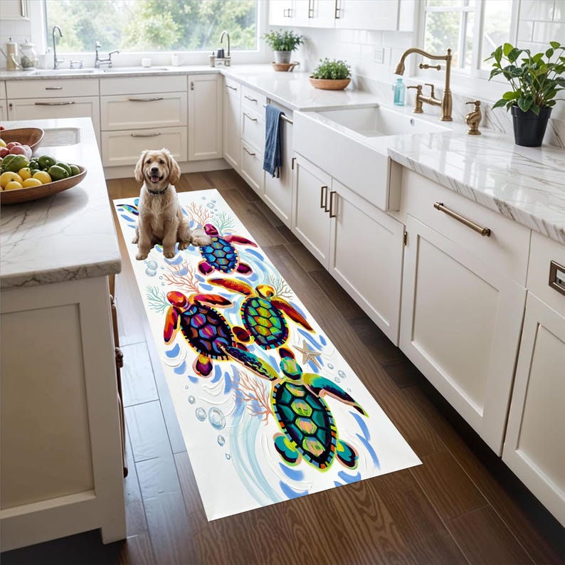 Sea Turtle Runner Rug: Coastal Hallway Carpet, Non-Slip Machine-Washable