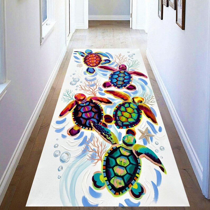 Sea Turtle Runner Rug: Coastal Hallway Carpet, Non-Slip Machine-Washable