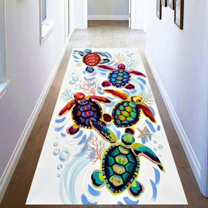 Sea Turtle Runner Rug: Coastal Hallway Carpet, Non-Slip Machine-Washable