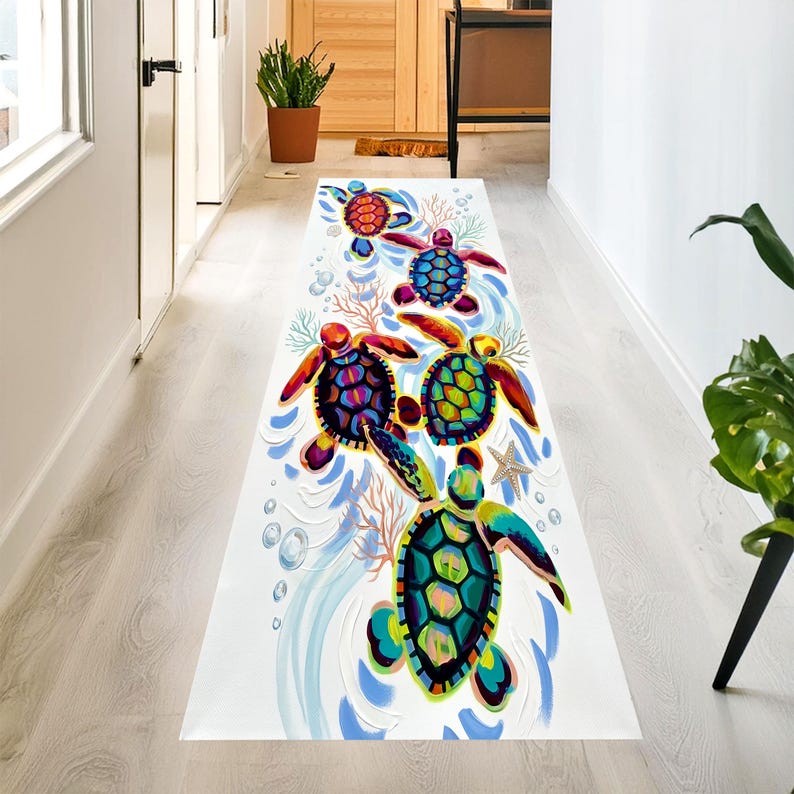 Sea Turtle Runner Rug: Coastal Hallway Carpet, Non-Slip Machine-Washable