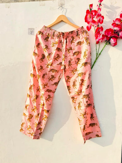 Tiger Print Cotton Pajama Set Women, Hand Block Sleepwear, Pink Soft PJs, Button Down Nightwear, Lounge Set Gift for Her