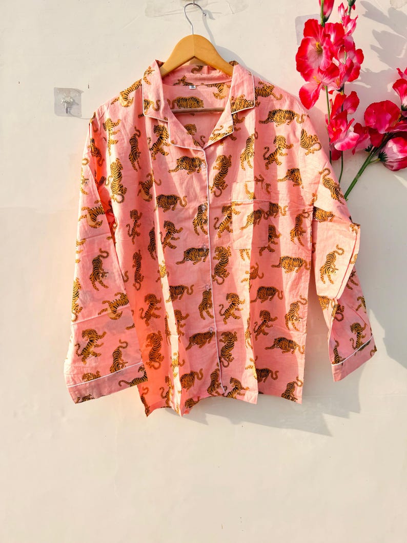 Tiger Print Cotton Pajama Set Women, Hand Block Sleepwear, Pink Soft PJs, Button Down Nightwear, Lounge Set Gift for Her