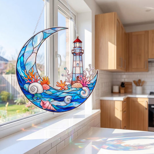Crescent Moon Suncatcher, Lighthouse Ocean Stained Acrylic Style, Beach Themed Acrylic Window Hanging, Nautical Coastal Decor Gift
