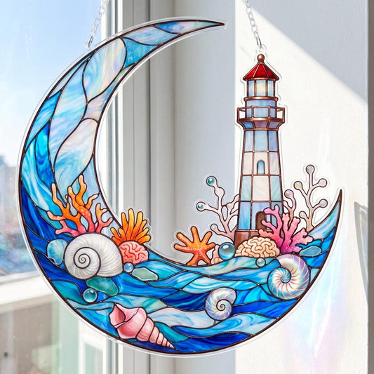 Crescent Moon Suncatcher, Lighthouse Ocean Stained Acrylic Style, Beach Themed Acrylic Window Hanging, Nautical Coastal Decor Gift