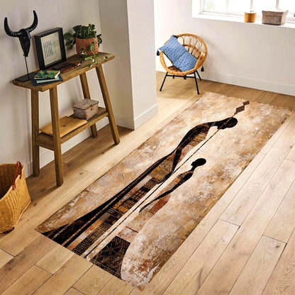 African Tribal Runner Rug: Abstract Mother Child Hallway Carpet, Non-Slip Machine-Washable