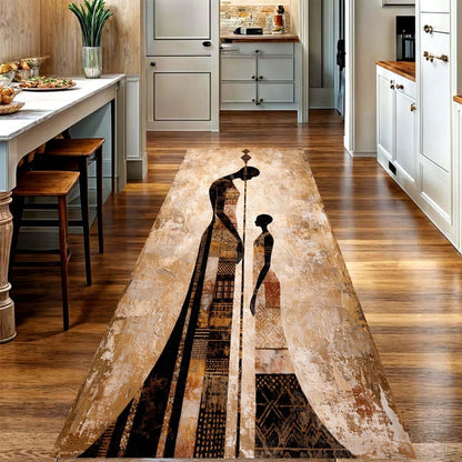 African Tribal Runner Rug: Abstract Mother Child Hallway Carpet, Non-Slip Machine-Washable