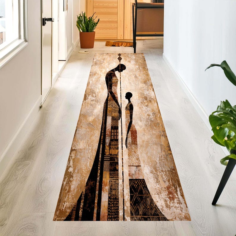 African Tribal Runner Rug: Abstract Mother Child Hallway Carpet, Non-Slip Machine-Washable
