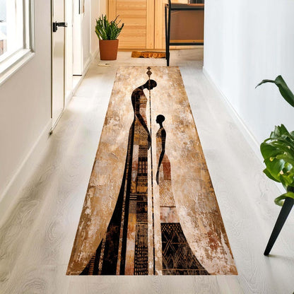 African Tribal Runner Rug: Abstract Mother Child Hallway Carpet, Non-Slip Machine-Washable