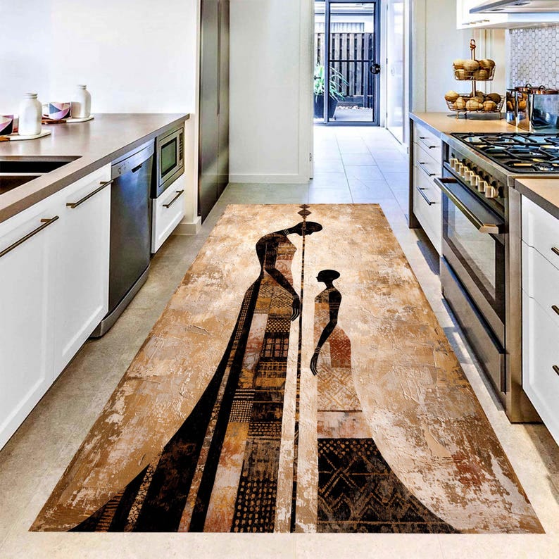 African Tribal Runner Rug: Abstract Mother Child Hallway Carpet, Non-Slip Machine-Washable