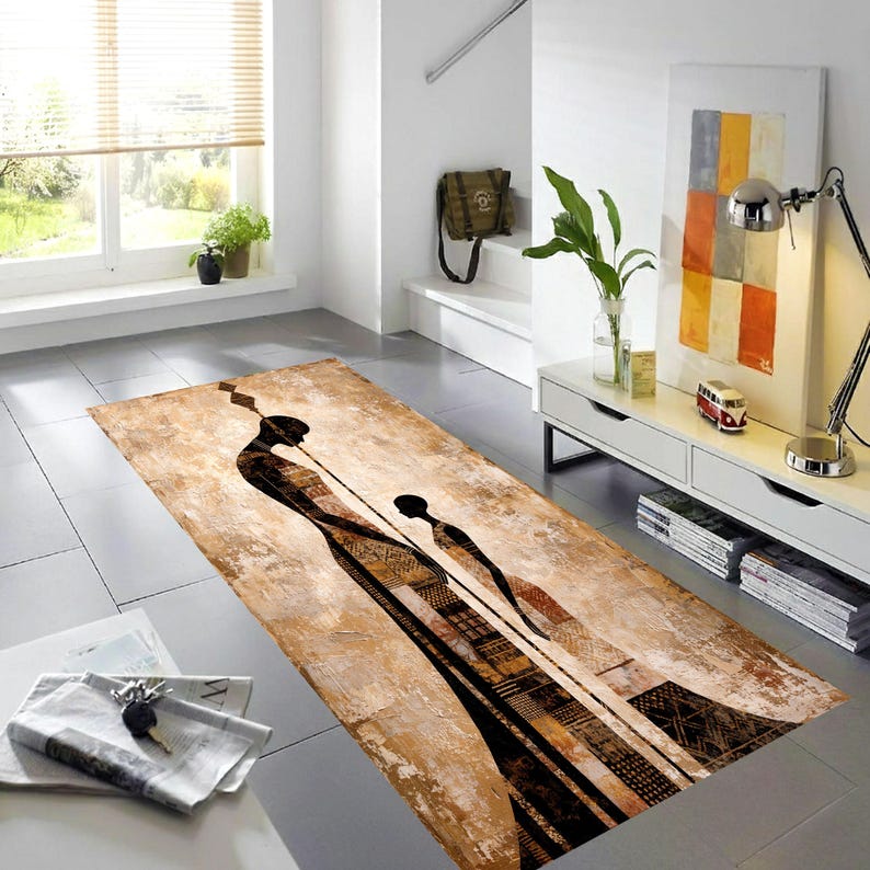 African Tribal Runner Rug: Abstract Mother Child Hallway Carpet, Non-Slip Machine-Washable