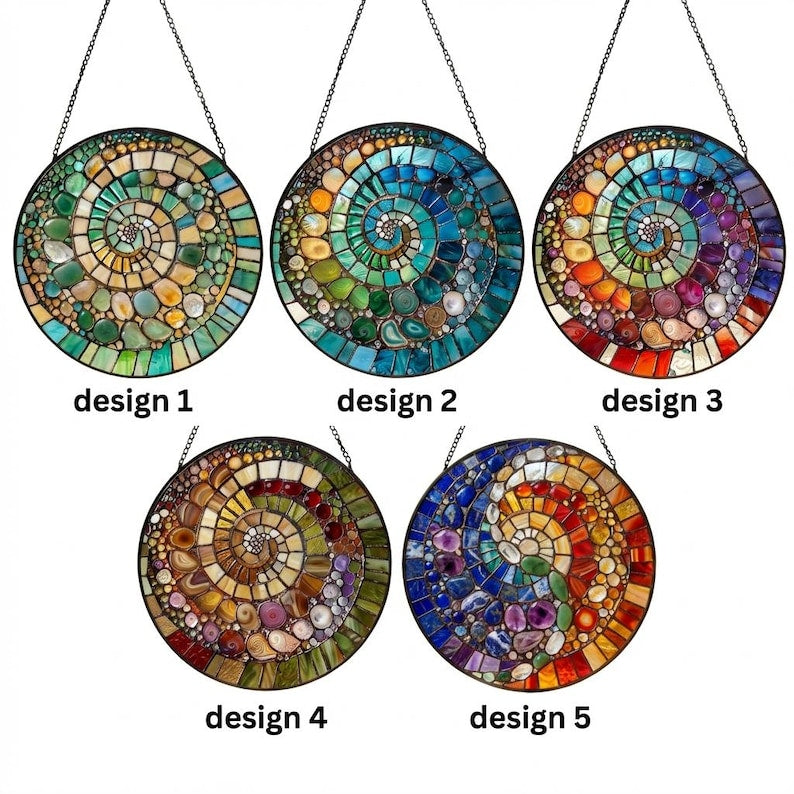 Abstract Rainbow Shell Spiral Suncatcher, Stained Glass Coastal Beach Decor, Ocean Inspired Window Hanging Gift
