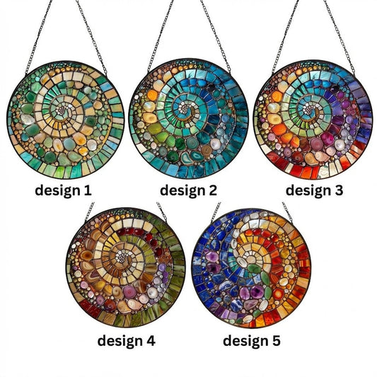 Abstract Rainbow Shell Spiral Suncatcher, Stained Glass Coastal Beach Decor, Ocean Inspired Window Hanging Gift