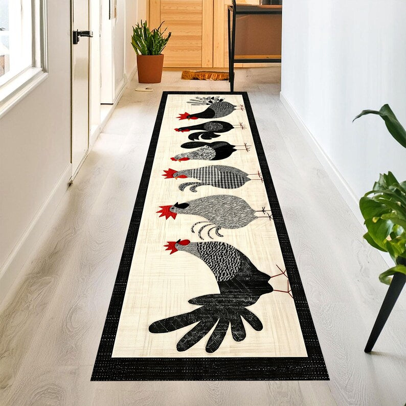 Farmhouse Chicken Parade Runner Rug: Rooster Hen Kitchen Carpet, Non-Slip Machine-Washable