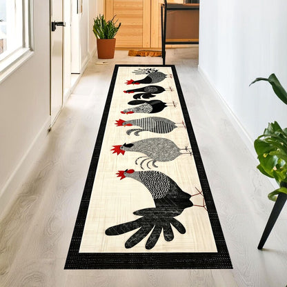 Farmhouse Chicken Parade Runner Rug: Rooster Hen Kitchen Carpet, Non-Slip Machine-Washable