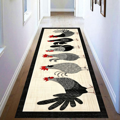 Farmhouse Chicken Parade Runner Rug: Rooster Hen Kitchen Carpet, Non-Slip Machine-Washable