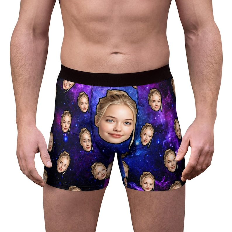 Custom Face Boxer Briefs, Personalized Space Galaxy Underwear, Gift for Boyfriend