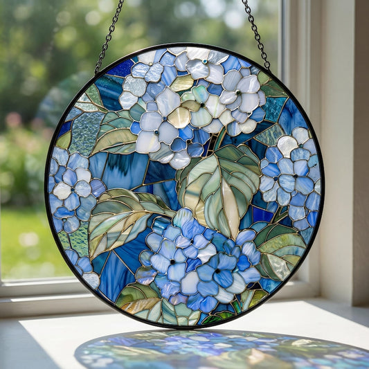 Blue Hydrangea Stained Glass Suncatcher, Wildflower Floral Window Hanging, Vintage Aesthetic Sun Catcher, Garden Decor Gift for Home