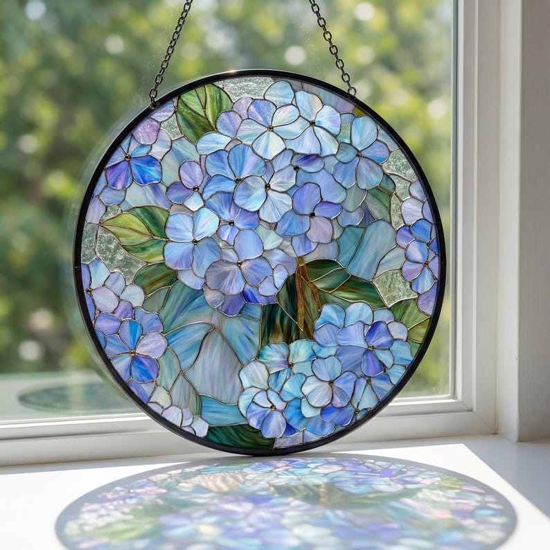 Blue Hydrangea Floral Stained Glass Suncatcher, Vintage Flower Window Hanging, Botanical Sun Catcher Decor, Garden Gift for Her