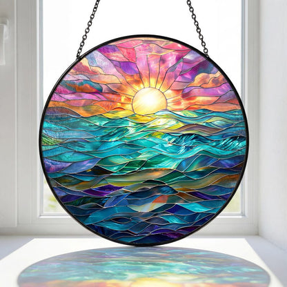Ocean Sunset Stained Glass Suncatcher, Colorful Wave Window Hanging, Coastal Sun Catcher Decor, Seascape Art Gift for Home