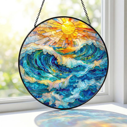 Ocean Sunset Stained Glass Suncatcher, Colorful Wave Window Hanging, Coastal Sun Catcher Decor, Seascape Art Gift for Home