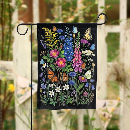 Wildflower Butterfly Garden Flag, Dark Floral Meadow Yard Banner, Colorful Outdoor Decor